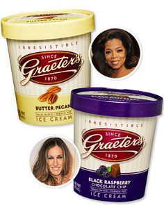 two ice creams with an image of a smiling woman next to one that has the word cracker's written on it