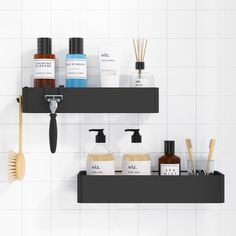 two black shelves holding different types of bathroom items