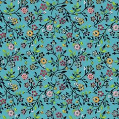 a blue background with colorful flowers and leaves on it, all in different colors or sizes