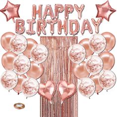 a happy birthday card with balloons and confetti