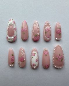 Rose Design Nails, Simple Kawaii Nails, Rococo Nails, Libra Nails, Romantic Nail Art, Cottagecore Nails, Korea Nail Art, Frame Nails, Coquette Nails