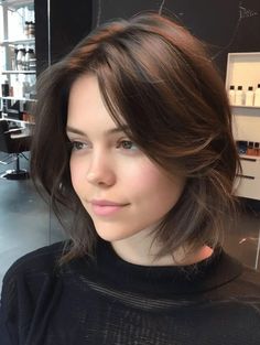 Layered Bob Hairstyles With Curtain Bangs, Layered Bob Highlights, Lop Bob Haircuts, Short Haircut No Styling, Layered Bob Chin Length, Layered Angled Bob With Bangs, Short Layered Bob Curtain Bangs, Short Haircuts For Women Plus Size, Short Bob Haircut For Thick Hair