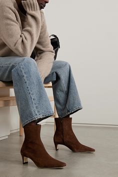 Modernist silhouettes are what set STAUD's designs apart. These 'Wally' ankle boots are made from supple suede and have sculptural heels. The point-toe shape looks just as chic with jeans as it does a midi dress. Staud Wally Boot Outfit, Staud Boots, Pointed Boots Outfit, Suede Ankle Boots Outfit, Brown Suede Boots Outfit, Brown Ankle Boots Outfit, Suede Boots Outfit, Brown Boots Outfit, How To Wear Ankle Boots