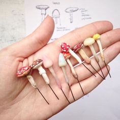 five miniature mushrooms are in the palm of someone's hand, with pins sticking out of them