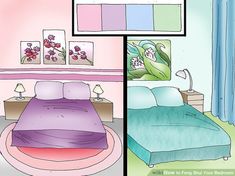 two different pictures of a bedroom with flowers on the wall