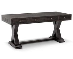 a wooden table with two drawers on one side and an x - leg design on the other