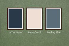 three different shades of blue and green in the same color scheme, with text that reads paint coral smokey blue