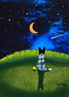 a painting of a dog sitting on top of a green field next to a ball