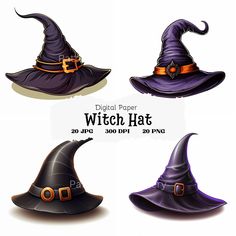 four witches hats with orange buckles on each one and the words digital paper witch hat