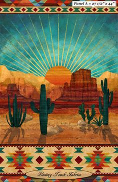 an image of a desert scene with cactus and mountains