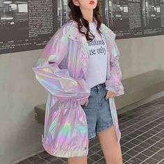 Vaporwave Outfit, Vaporwave Fashion, Sunscreen Clothing, Jacket Summer, Loose Coats, Zipper Jacket, Cool Fabric, Grunge Fashion