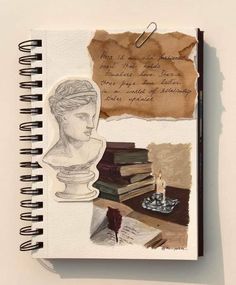 a notebook with an image of a bust on it and a notepad attached to the cover