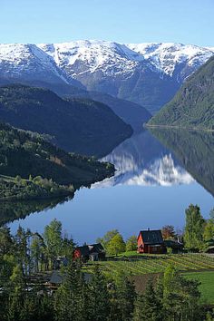 a lake surrounded by mountains and trees