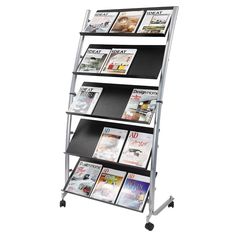 a magazine rack on wheels holds magazines