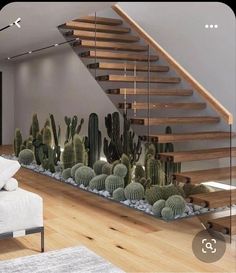 a living room filled with furniture next to a stair case covered in cacti