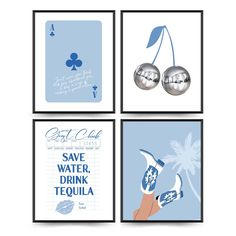 four cards with blue and white designs on them, one has a cherry in the middle