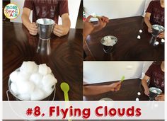 there is a collage of photos showing how to make flying clouds with ice cubes