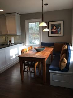 a kitchen with a wooden table and blue chairs