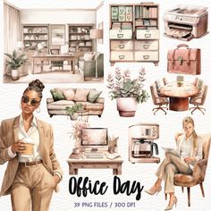 an office day clipart set with woman sitting in chair, coffee cup and laptop