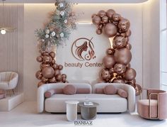 a living room filled with white couches and lots of brown balloons on the wall