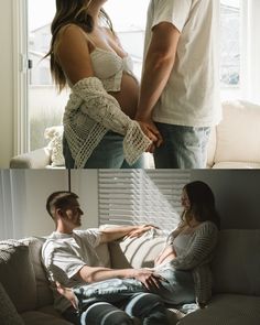 two photos of a man and woman sitting on a couch, one is holding the other's hand