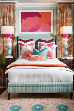 a bed with colorful pillows and lamps in a bedroom