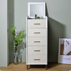 a white dresser with drawers and a mirror on it next to a potted plant