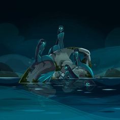 an animated image of two people floating in the ocean at night time, with one sitting on top of another person's head