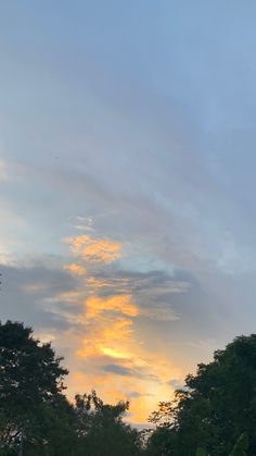 the sun is setting over some trees and bushes in front of a blue sky with wispy clouds