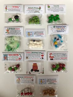 several different types of candies in bags on a white surface with information about them