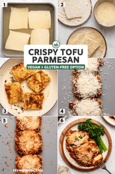 the steps to make crispy tofu parmesan are shown in this collage