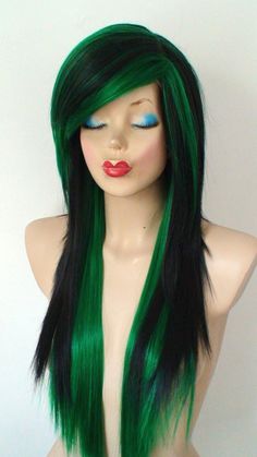 "© 2016 Kekewigs This hairstyle is created by Keke in 2016, the images are copyrighted. Please do not use the photos for commercial purposes Color: Black / Green Hairstyle: Straight layered hair with side bangs Overall length: 28\" Part: Free Part Capsize: Average Cap Circumference: 22.5\" Cap Construction: Capless cap - Open weft cap with adjustable straps Hair type: Premium Futura heat-friendly synthetic hair ^-^ Please check the shop policies before purchasing" Layered Hair Side Bangs, Layered Hair With Side Bangs, Hair Side Bangs, Long Straight Layered Hair, Black And Green Hair, Scene Wig, Scene Clothes, Long Straight Black Hair, Gyaru Hair