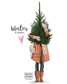 a drawing of a person holding a christmas tree in their hands with the words winter is coming