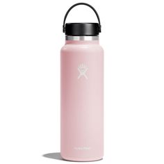 a pink water bottle with a black lid and handle on it, against a white background