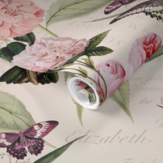 a wallpaper with pink flowers and butterflies on it