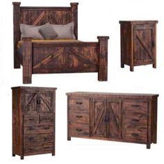 four pieces of furniture including a bed, dresser and nightstand with doors on each side