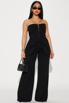 Available In Black. Pant Set Tube Top Strapless Button Closure Faux Flap Pockets Wide Leg Pant Elastic Waistband Pockets Stretch 33" Inseam Top - Shell: 95% Polyester 5% Spandex, Lining: 100% Polyester Pants: 95% Polyester 5% Spandex Imported | Perfect Affair Pant Set in Black size 2X by Fashion Nova Fashion Nova Matching Sets, Black Pantsuit Women, Black Party Tops, Black Pantsuit, Classy Business Outfits, Gal Gadot Wonder Woman, Top Strapless, Fashion Nova Outfits, Professional Outfits Women