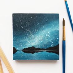 an acrylic painting of the night sky with stars and water reflecting in it