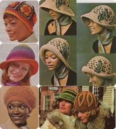 several pictures of women wearing knitted hats and scarves, all in different colors