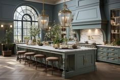 a large kitchen with an island and lots of counter space in front of the windows