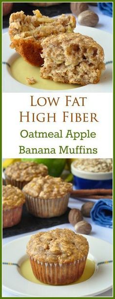 Oatmeal Apple Banana Low Fat Muffins - A very easy to make recipe for moist, delicious, healthy breakfast muffins that use a minimum of vegetable oil and added sugar...plus they are very high in fiber as well! High Fiber Muffins, Low Fat Muffins, Fiber Muffin, Apple Banana Muffins, Oatmeal Apple, Wholesome Breakfast, Menu Sarapan Sehat, Healthy Breakfast Muffins, Low Cholesterol Recipes