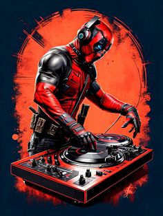 a man in a red and black costume djs on a turntable with headphones