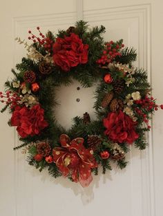 a christmas wreath hanging on the front door with pine cones and red flowers in it