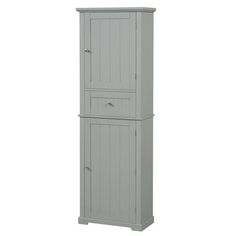 a tall gray cabinet with two drawers