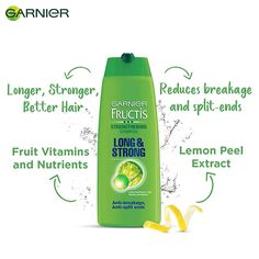 Garnier Fructis Long And Strong Strengthening Shampoo Give your hair the strength it craves with Garnier Fructis Long And Strong Strengthening Shampoo. This fortifying formula, suitable for all hair types, helps reduce breakage, split ends, and leaves hair shiny and strong. Key features include: Key Features: Strengthens hair from root to tip Helps prevent breakage and split ends Leaves hair shiny and healthy-looking Key Ingredients: Lemon peel extract Fruit vitamins Fortifying nutrients How to Garnier Fructis, Fruit Peel, Lemon Peel, Hair Strengthening, Split Ends, Hair Care Routine, Shiny Hair, Wet Hair, All Hair Types