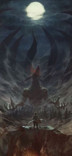 a man standing on top of a hill in front of a giant monster like creature