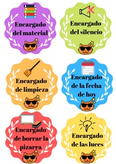 four labels with different types of items in spanish, english and latin - american languages