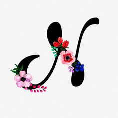 the letter n is decorated with flowers and leaves on it's lowercases