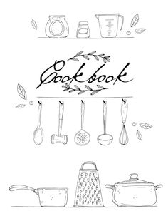 an illustration of kitchen utensils and cookbooks on a white background with the words cookbook above them