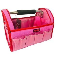 a pink and red bag with two pockets on the inside that hold items in it